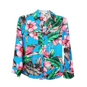 Expres Portofino Slim Tropical Print Roll-Tab Sleeve Button-Up Shirt Size Small